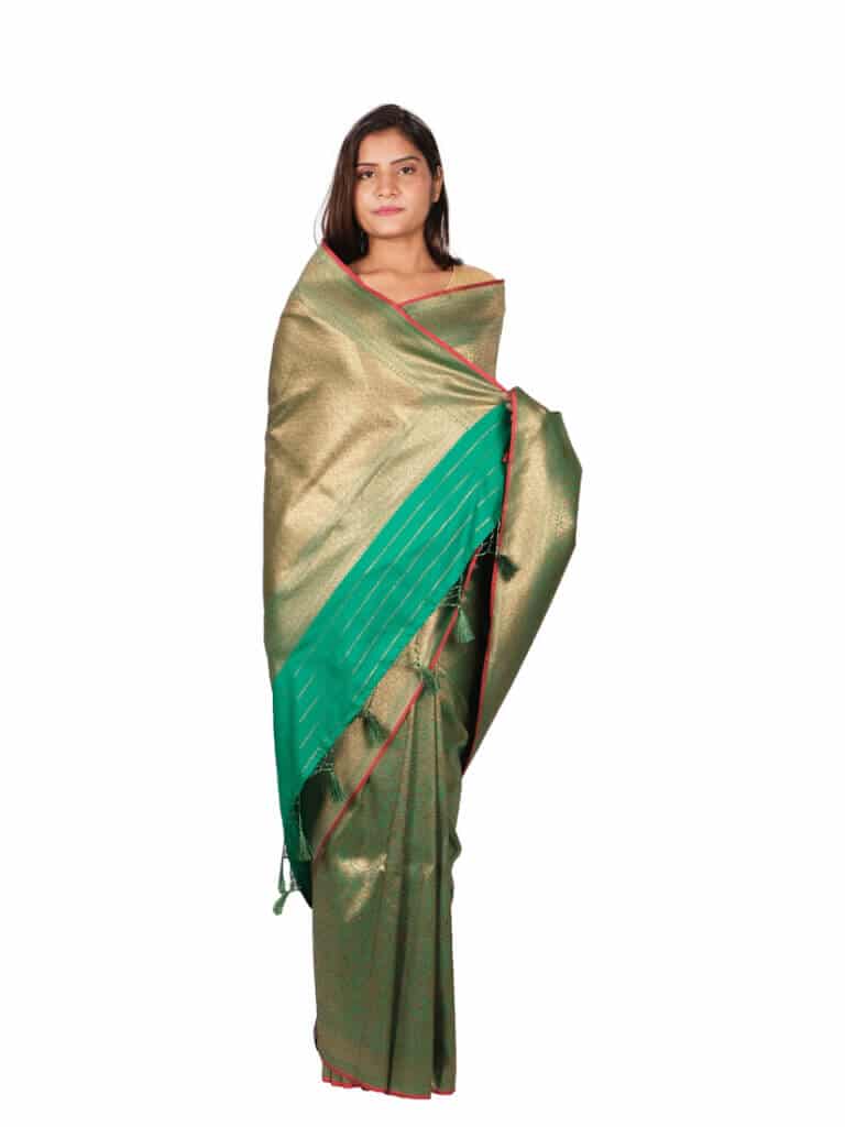 Green Gold Toned Motifs Zari Banarsee Party Wear Semi Silk Saree - Anchal Pose