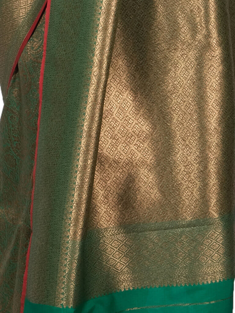 Green Gold Toned Motifs Zari Banarsee Party Wear Semi Silk Saree - Close Up Pose
