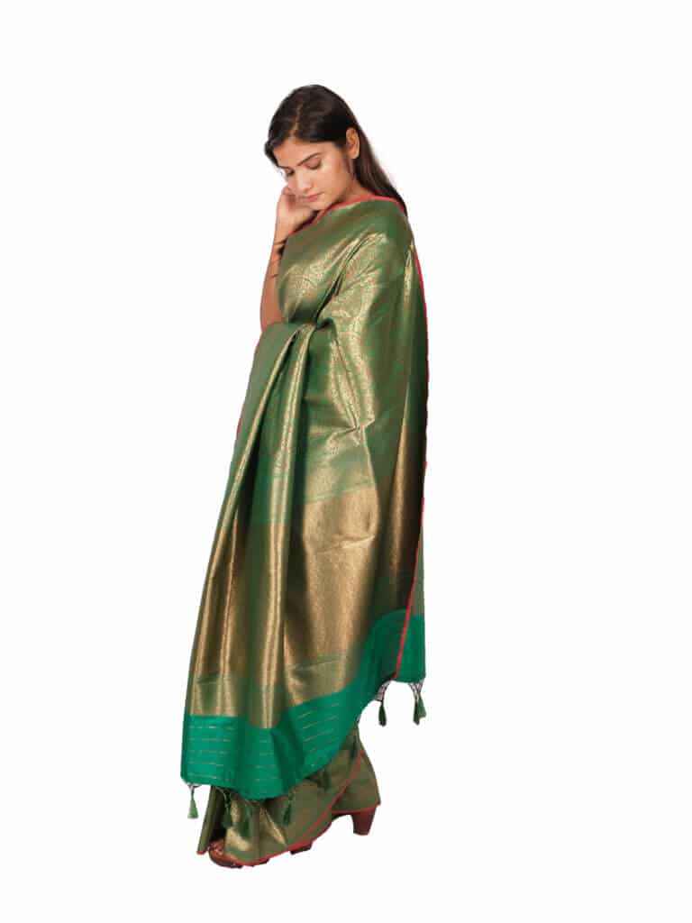 Green Gold Toned Motifs Zari Banarsee Party Wear Semi Silk Saree - Side Pose