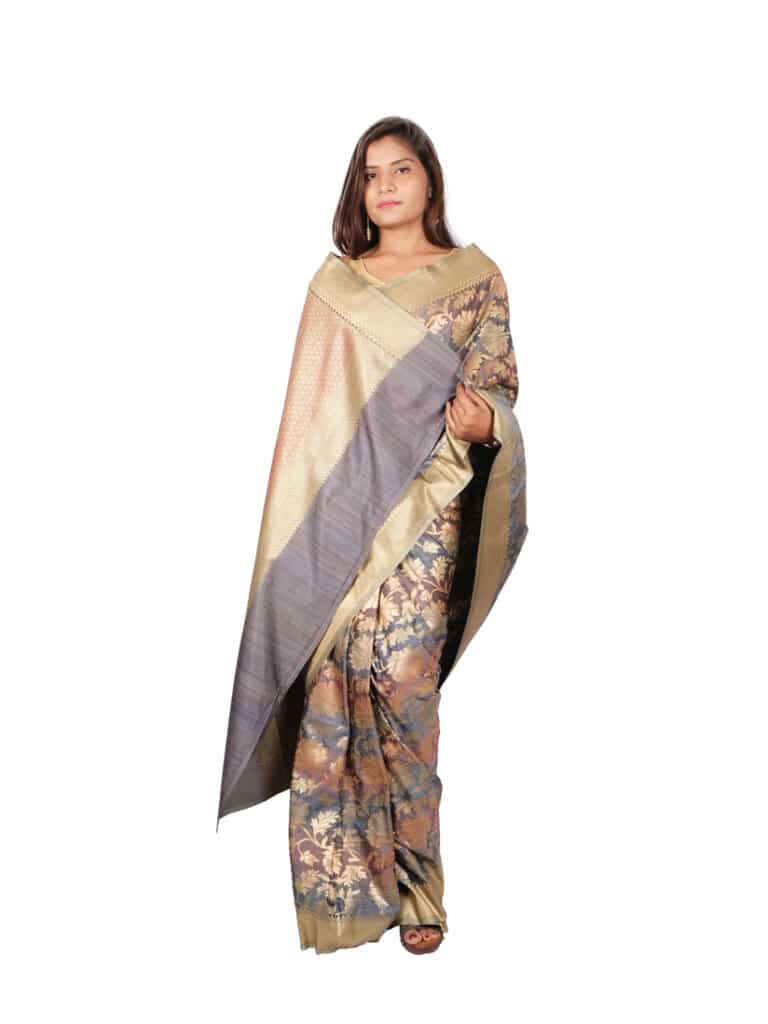 Grey Gold Floral Zari Banarsee Party Wear Semi Silk Saree - Anchal Pose 2