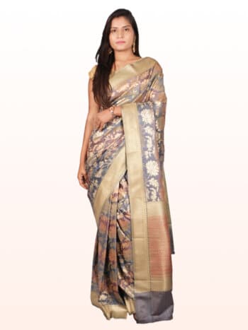 Grey Gold Floral Zari Banarsee Party Wear Semi Silk Saree - Front Pose Edited