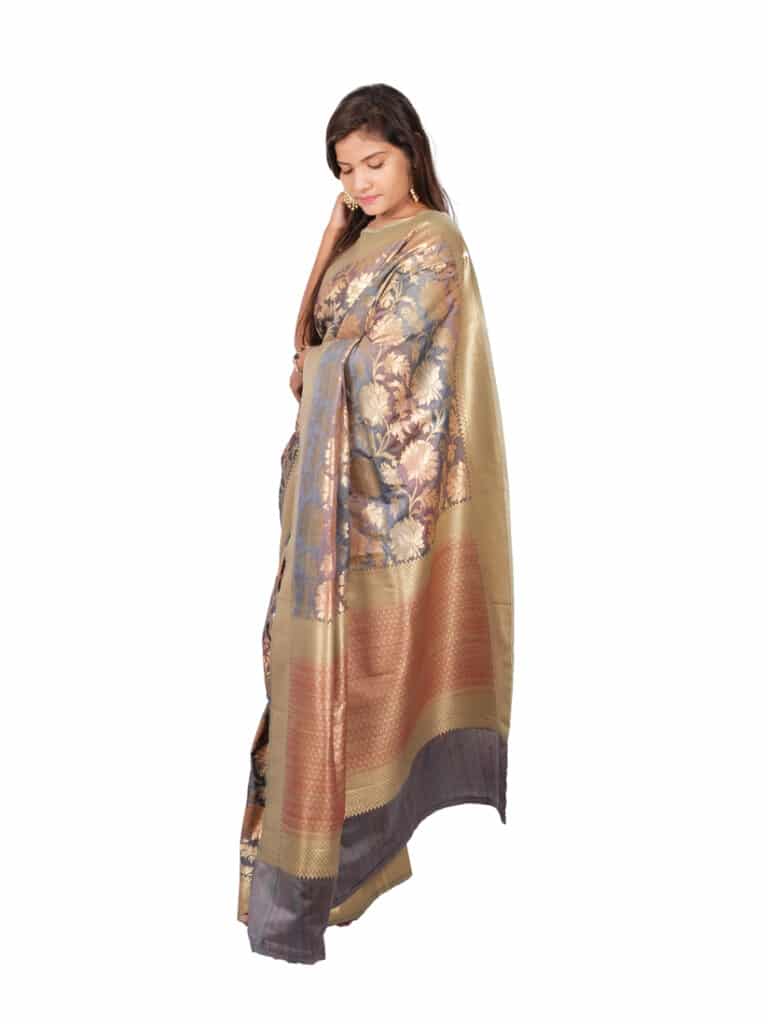 Grey Gold Floral Zari Banarsee Party Wear Semi Silk Saree - Side Pose 1