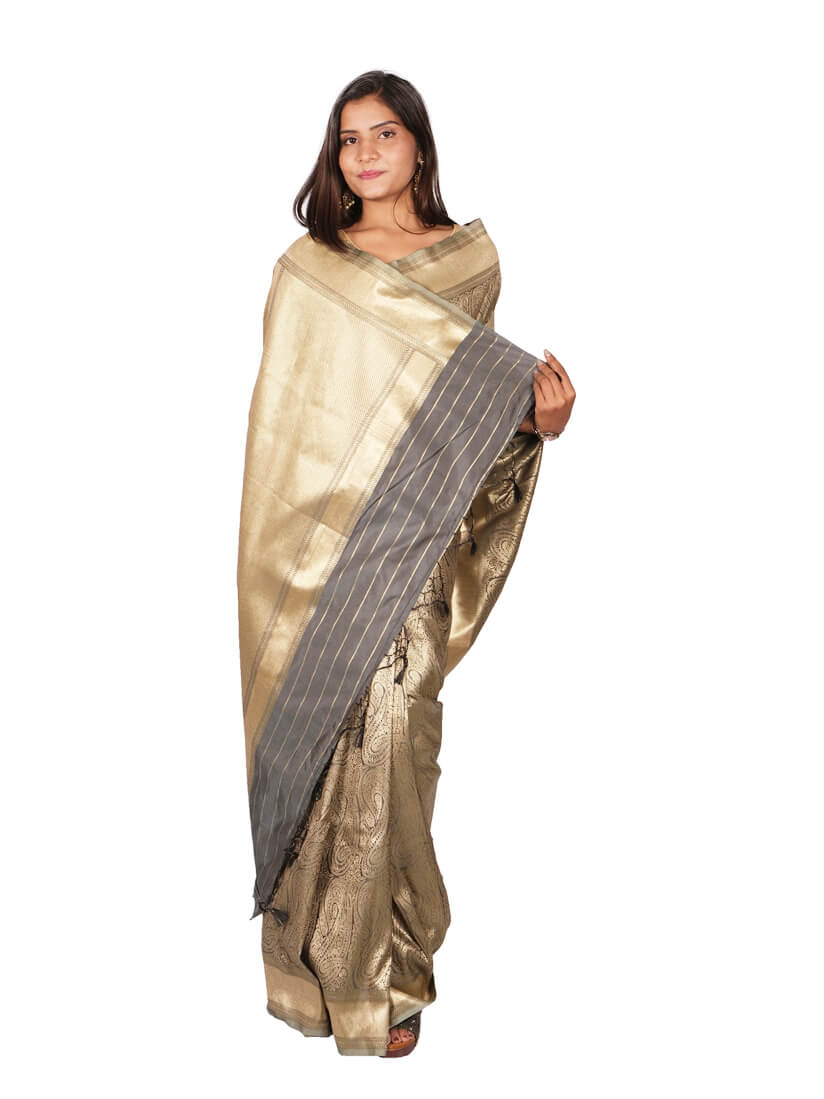 Grey Gold Toned Woven Design Zari Banarsee Party Wear Semi Silk Saree - Anchal Pose