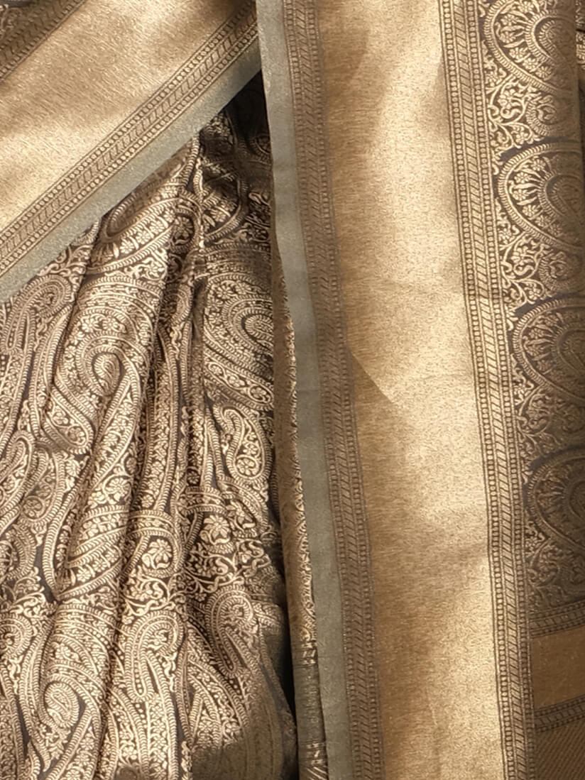 Grey Gold Toned Woven Design Zari Banarsee Party Wear Semi Silk Saree - Close Up Pose