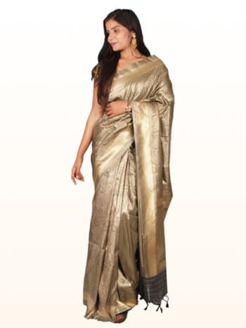 Grey Gold Toned Woven Design Zari Banarsee Party Wear Semi Silk Saree - Front Pose Edited