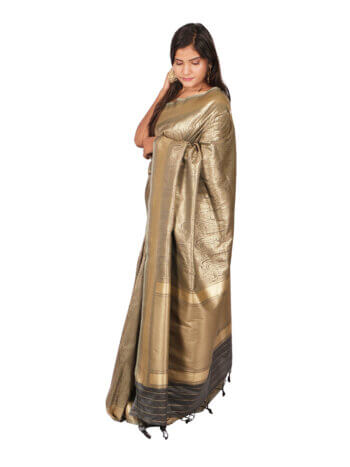 Grey Gold Toned Woven Design Zari Banarsee Party Wear Semi Silk Saree - Side Pose