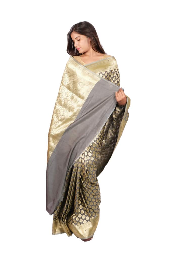 Grey Golden Motifs Zari Banarsee Party Wear Semi Silk Saree - Anchal Pose