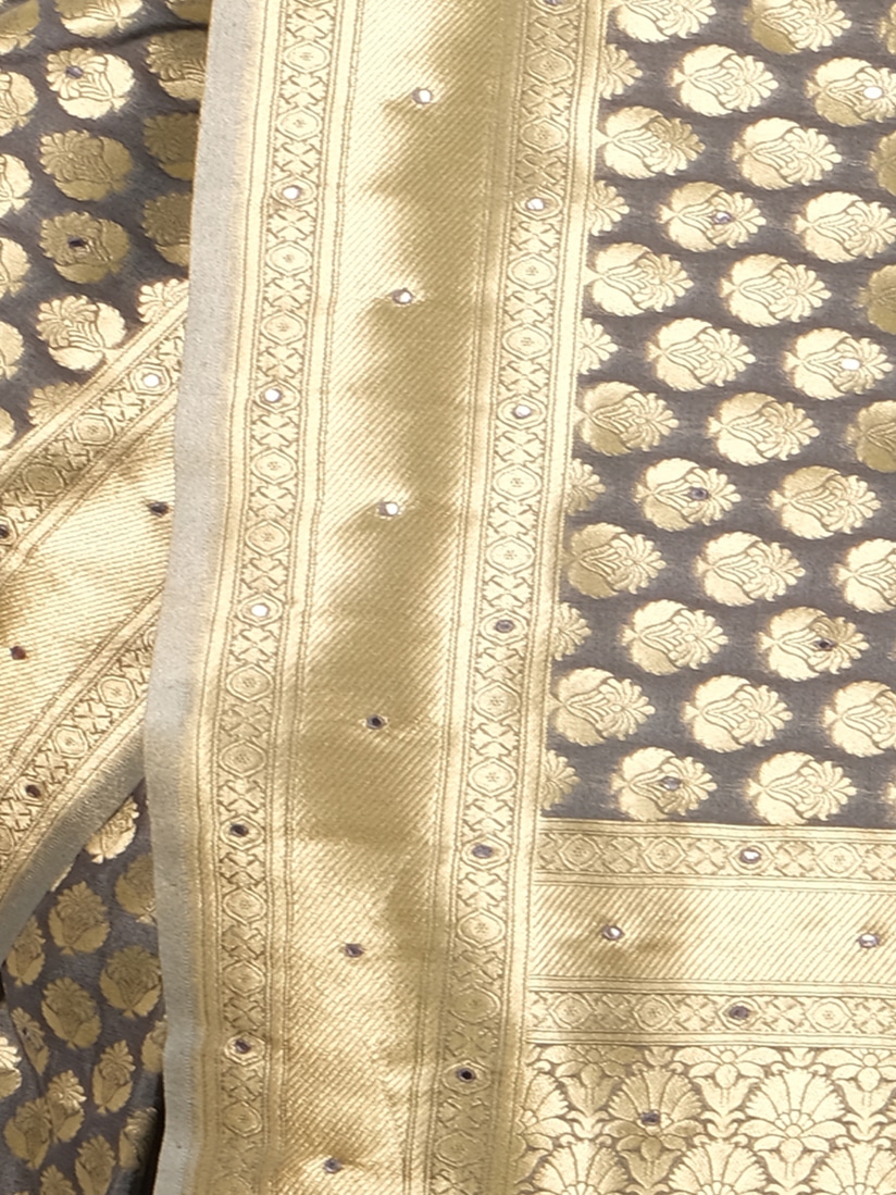 Grey Golden Motifs Zari Banarsee Party Wear Semi Silk Saree - Close Up Pose