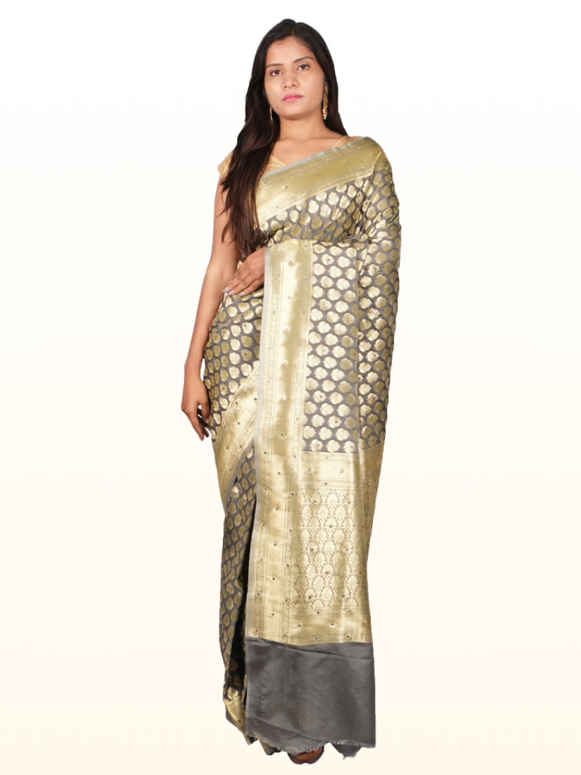 Grey Golden Motifs Zari Banarsee Party Wear Semi Silk Saree - Front Pose Edited