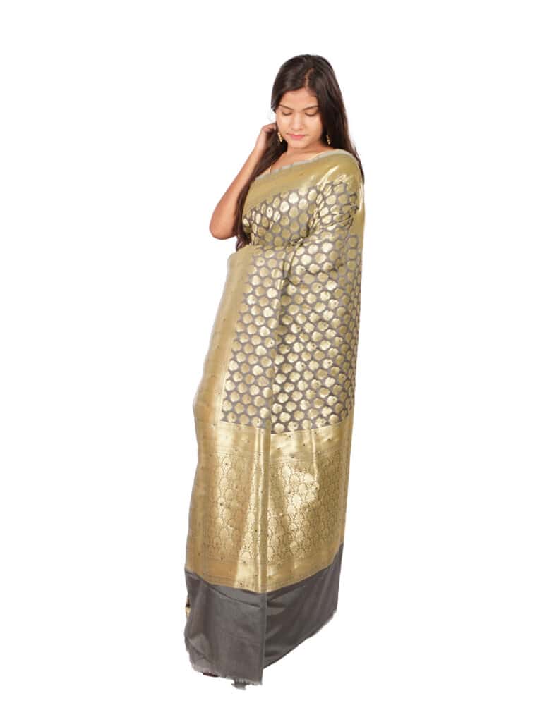 Grey Golden Motifs Zari Banarsee Party Wear Semi Silk Saree - Side Pose