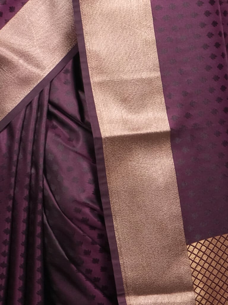 Magenta Gold Toned Woven Design Banarsee Party Wear Semi Silk Saree - Close Up Pose