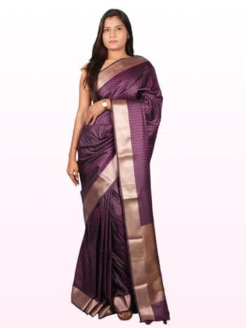 Magenta Gold Toned Woven Design Banarsee Party Wear Semi Silk Saree - Front Pose Edited