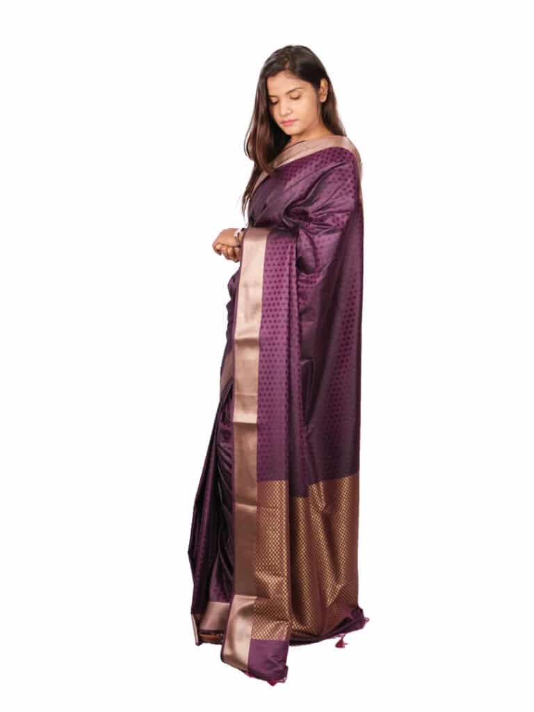 Magenta Gold Toned Woven Design Banarsee Party Wear Semi Silk Saree - Side Pose