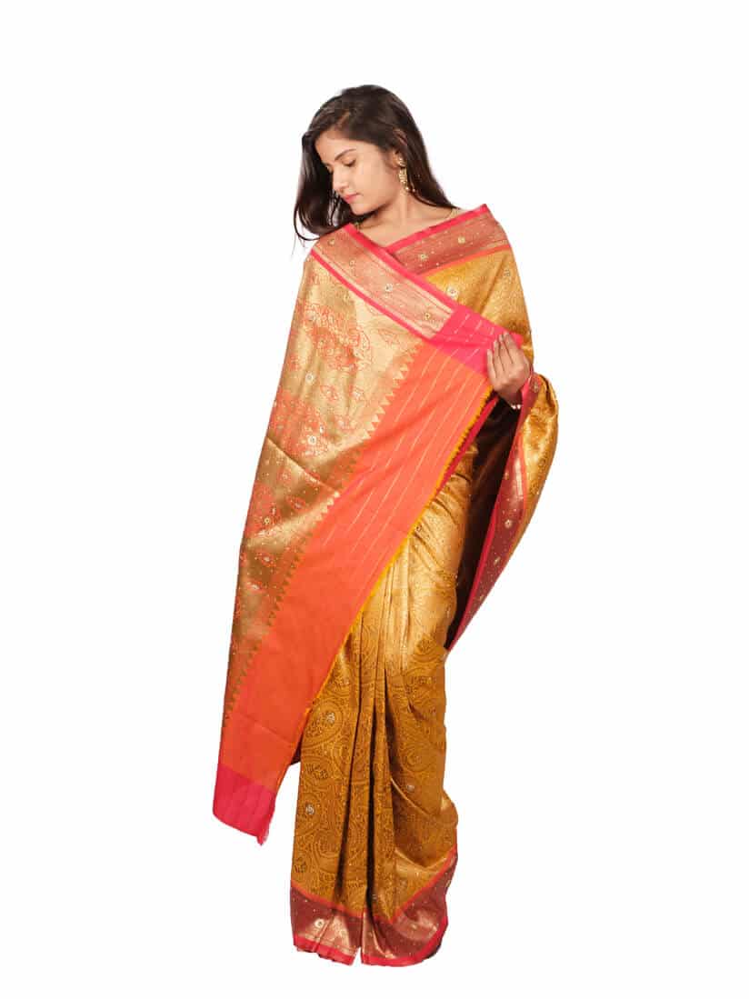 Mustard Red Motifs Zari Banarsee Party Wear Semi Silk Saree - Anchal pose
