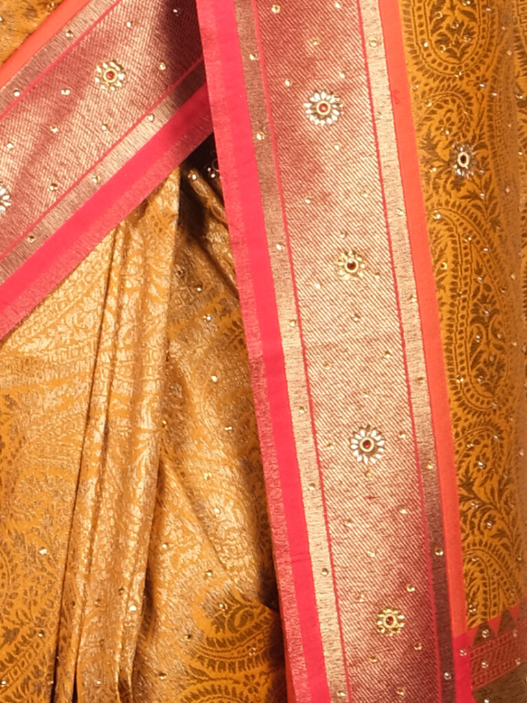 Mustard Red Motifs Zari Banarsee Party Wear Semi Silk Saree - Close Up pose