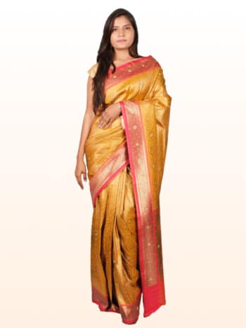 Mustard Red Motifs Zari Banarsee Party Wear Semi Silk Saree - Front Pose Edited