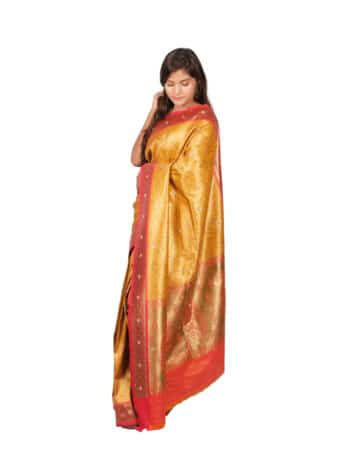 Mustard Red Motifs Zari Banarsee Party Wear Semi Silk Saree - Side pose