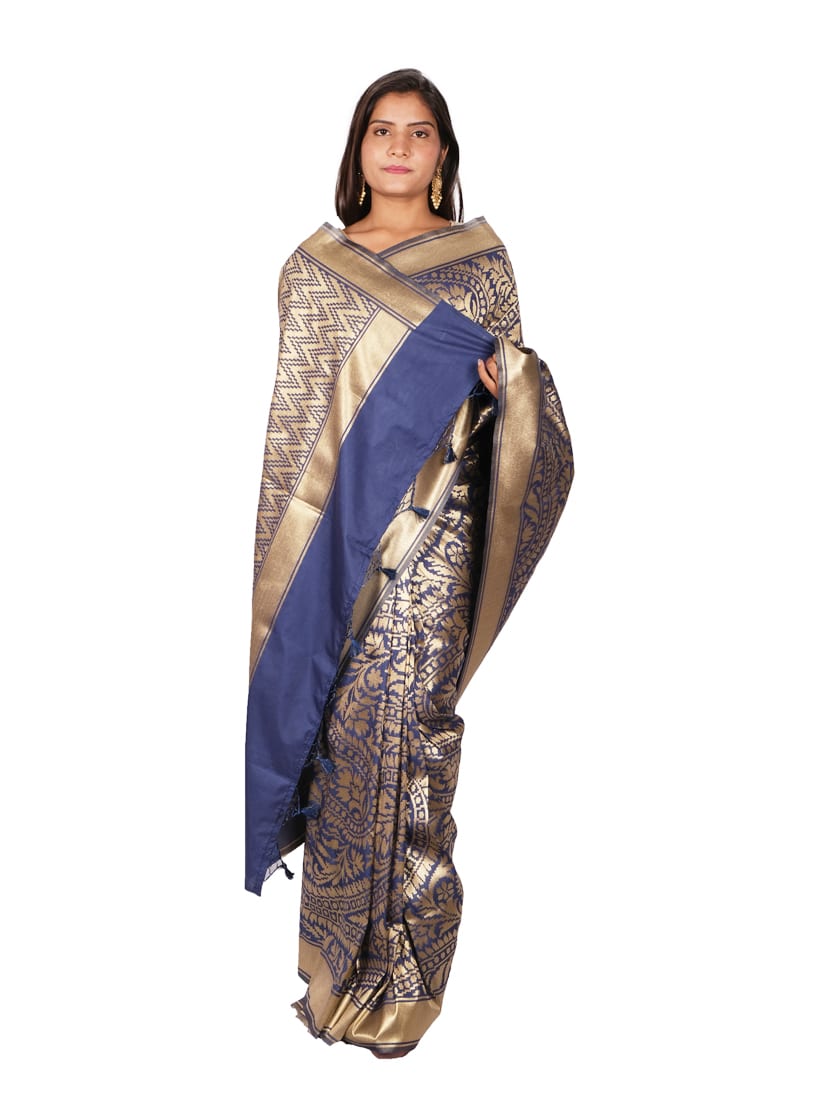 Navy Blue Golden Floral Woven Design Banarsee Party Wear Semi Silk Saree - Anchal Pose