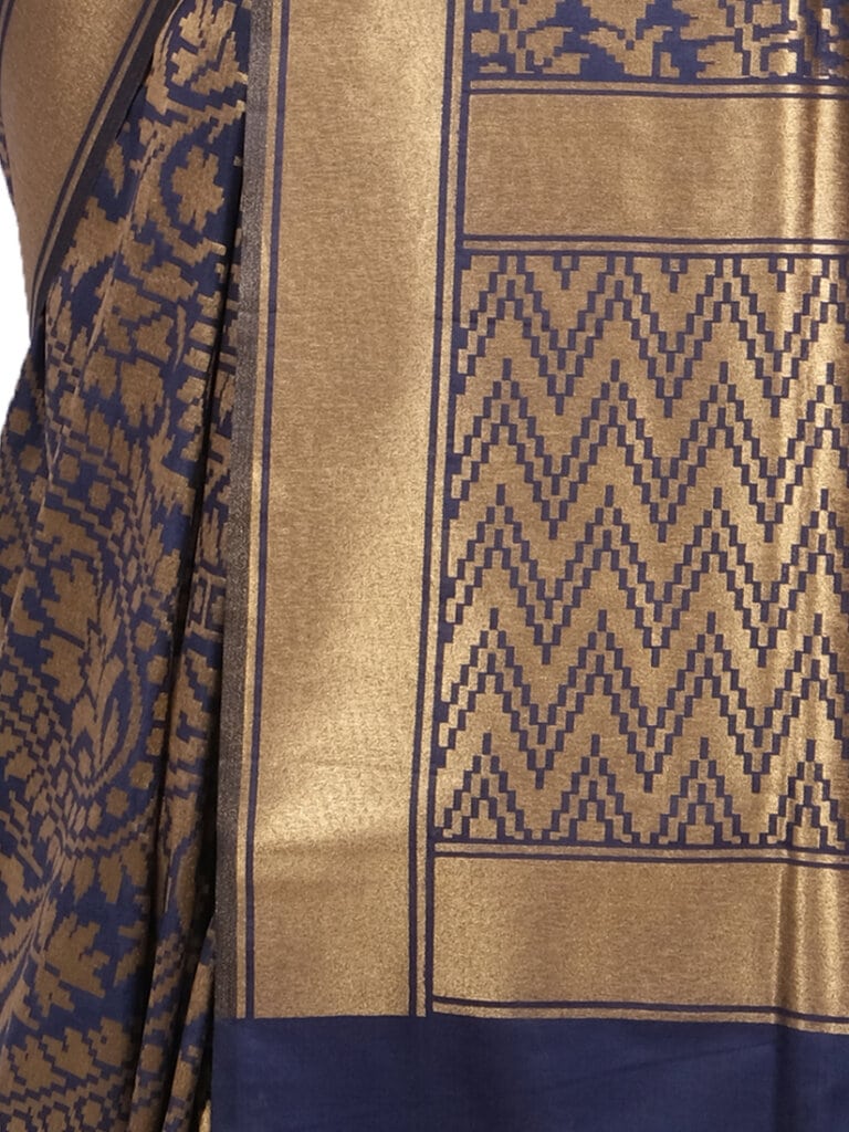 Navy Blue Golden Floral Woven Design Banarsee Party Wear Semi Silk Saree - Close Up Pose