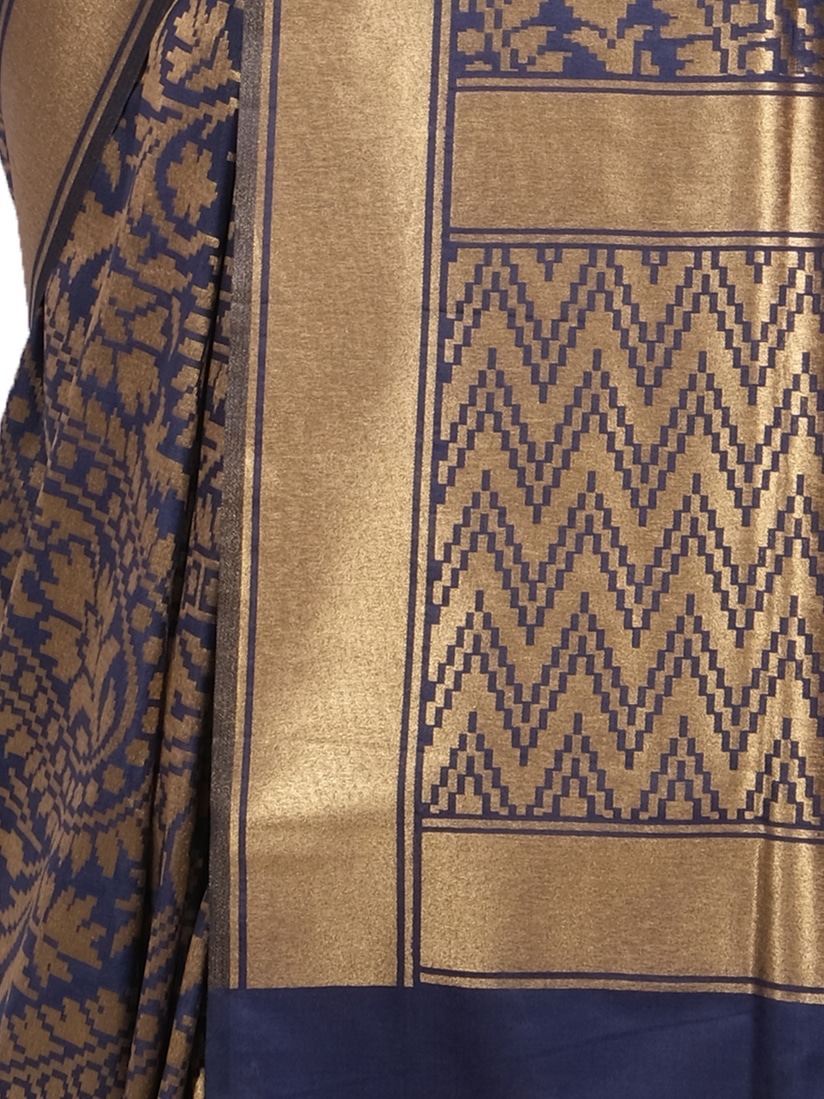Navy Blue Golden Floral Woven Design Banarsee Party Wear Semi Silk Saree - Close Up Pose