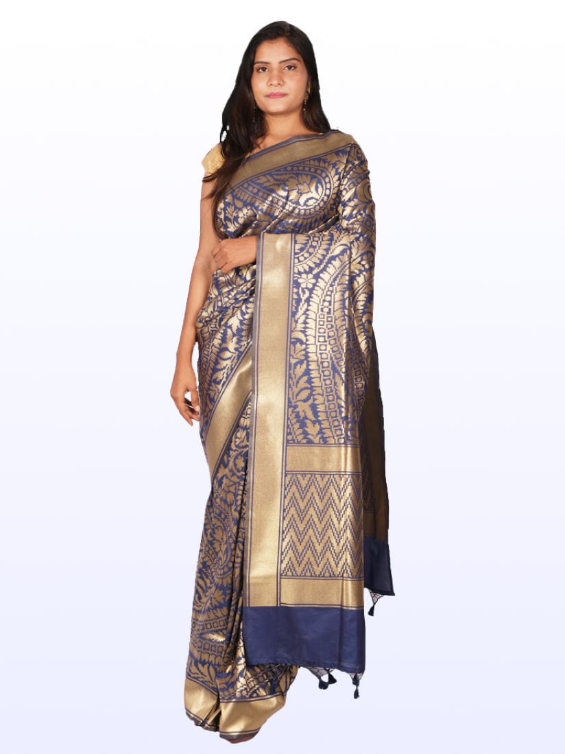 Navy Blue Golden Floral Woven Design Banarsee Party Wear Semi Silk Saree - Front Pose Edited