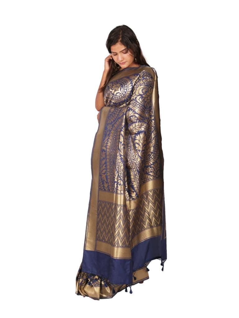 Navy Blue Golden Floral Woven Design Banarsee Party Wear Semi Silk Saree - Side Pose
