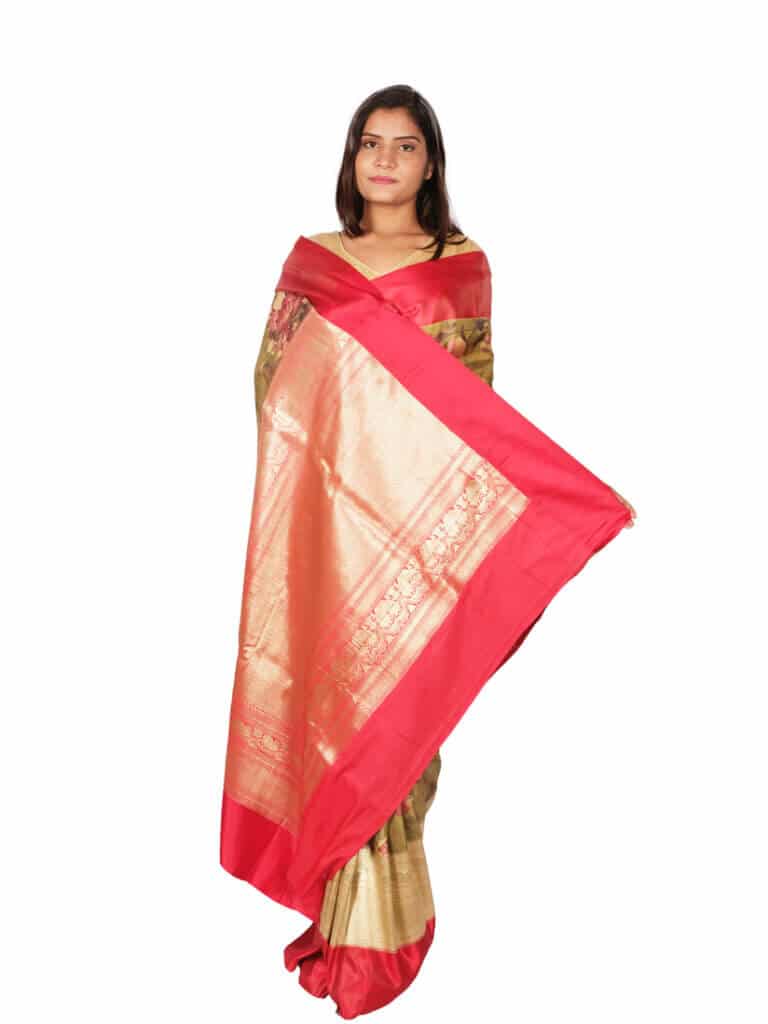 Olive Red Motifs Floral Zari Banarsee Party Wear Semi Silk Saree - Anchal Pose