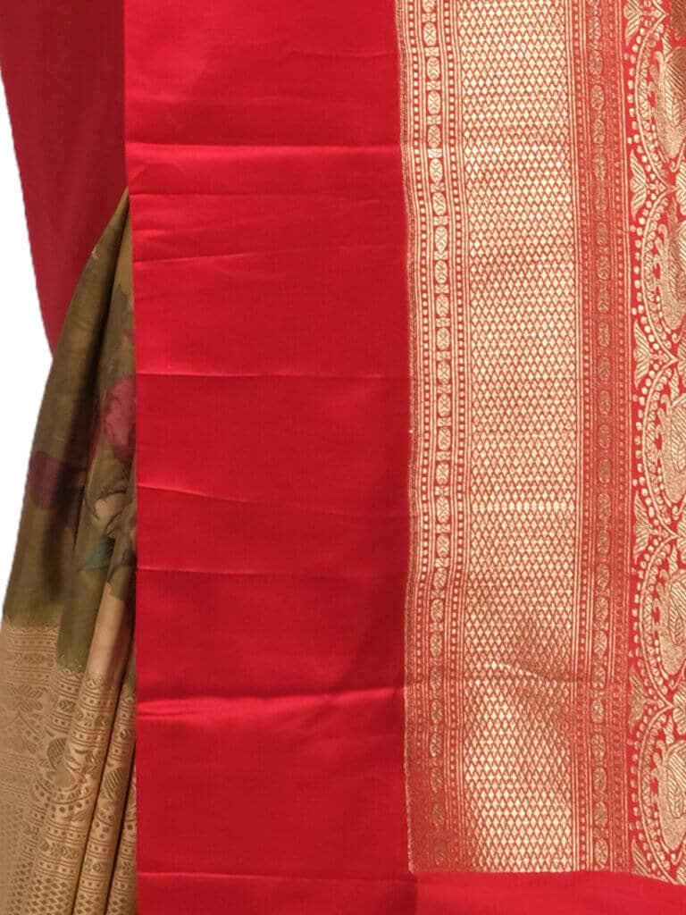 Olive Red Motifs Floral Zari Banarsee Party Wear Semi Silk Saree - Close Up Pose