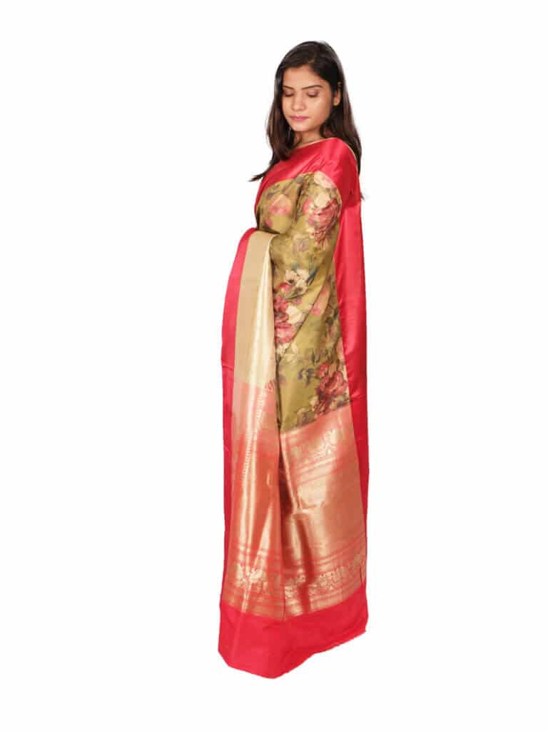 Olive Red Motifs Floral Zari Banarsee Party Wear Semi Silk Saree - Side Pose