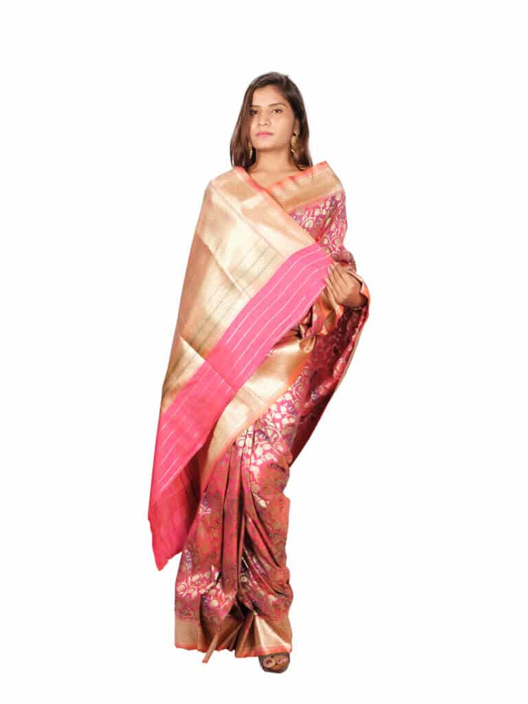 Peach Gold Floral Zari Banarsee Party Wear Semi Silk Saree - Anchal Pose