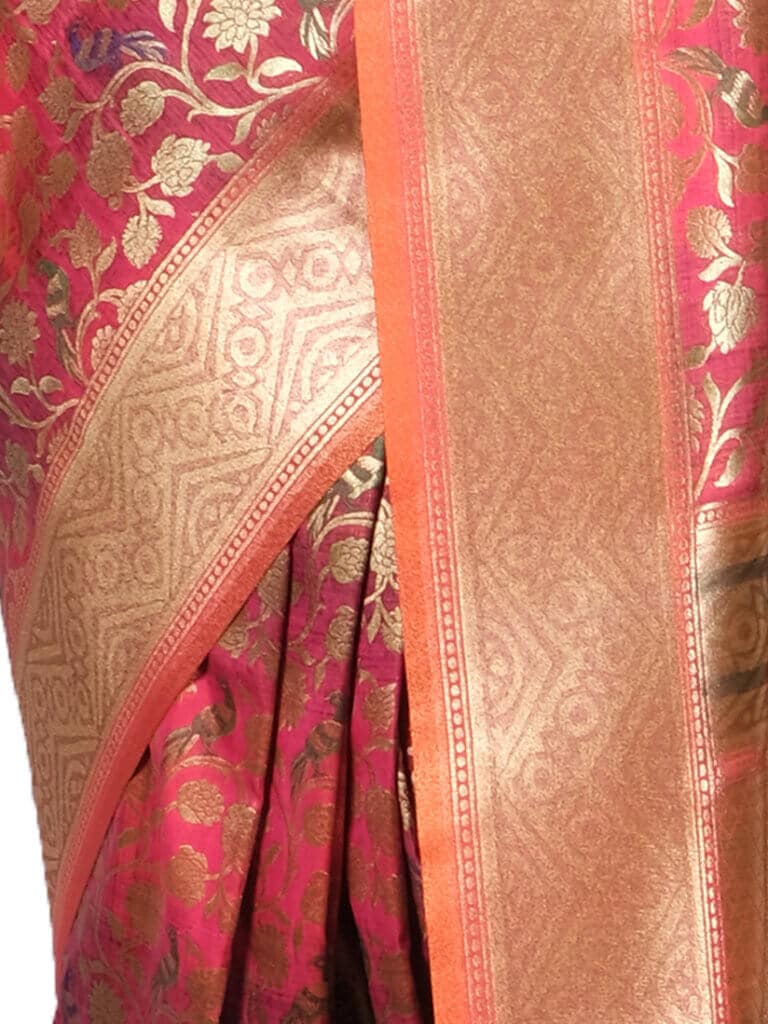 Peach Gold Floral Zari Banarsee Party Wear Semi Silk Saree - Close Up Pose