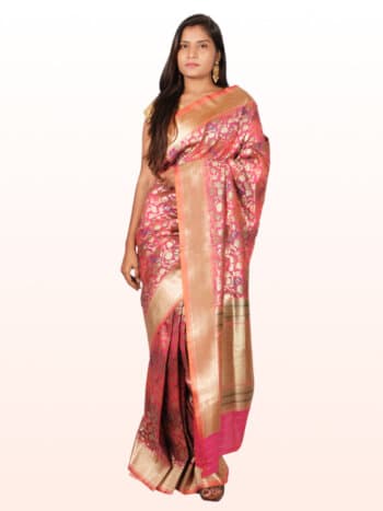 Peach Gold Floral Zari Banarsee Party Wear Semi Silk Saree - Front Pose Edited