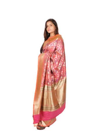 Peach Gold Floral Zari Banarsee Party Wear Semi Silk Saree - Side Pose