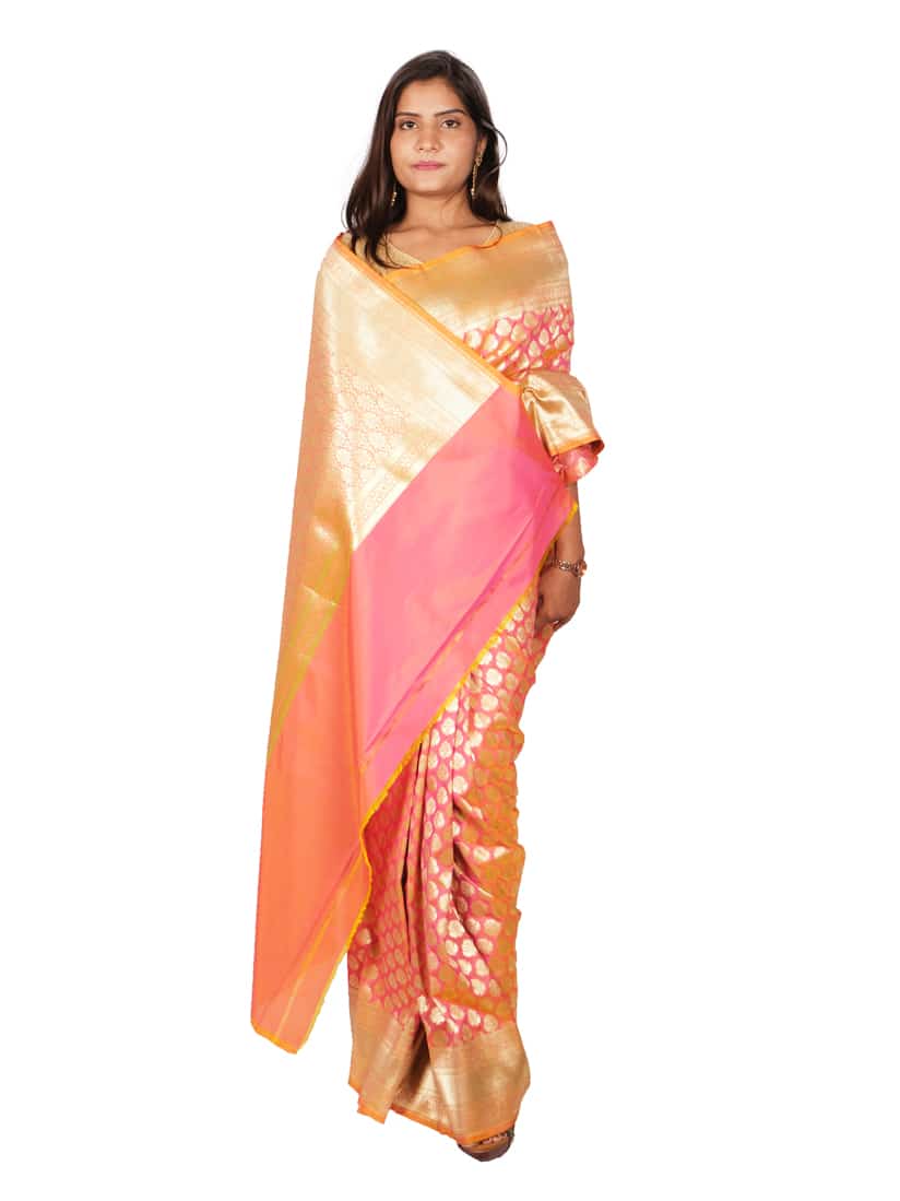 Peach Gold Motifs Zari Banarsee Party Wear Semi Silk Saree - Anchal Pose