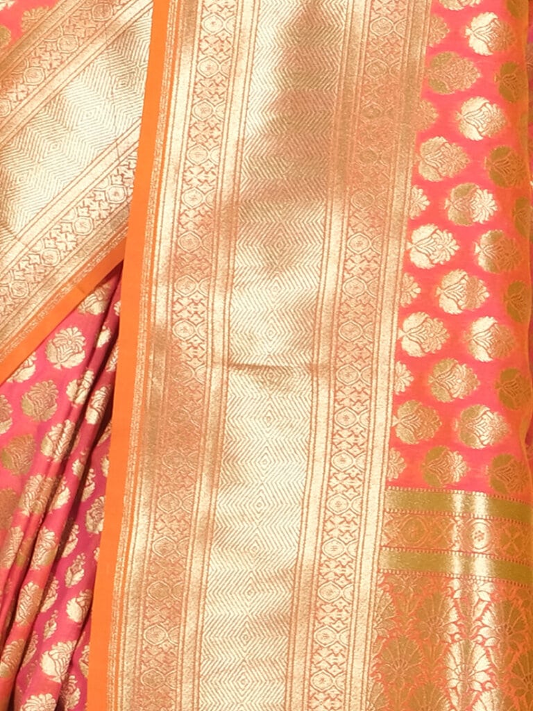 Peach Gold Motifs Zari Banarsee Party Wear Semi Silk Saree - Close Up Pose