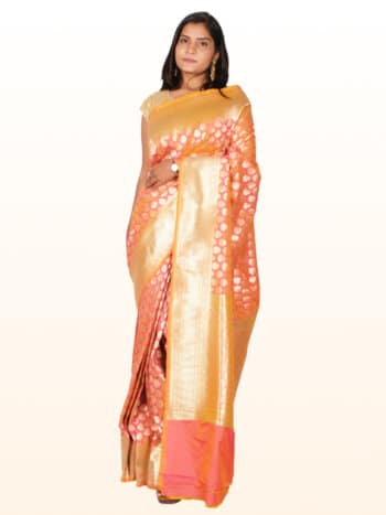Peach Gold Motifs Zari Banarsee Party Wear Semi Silk Saree - Front Pose Edited