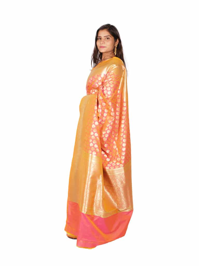 Peach Gold Motifs Zari Banarsee Party Wear Semi Silk Saree - Side Pose
