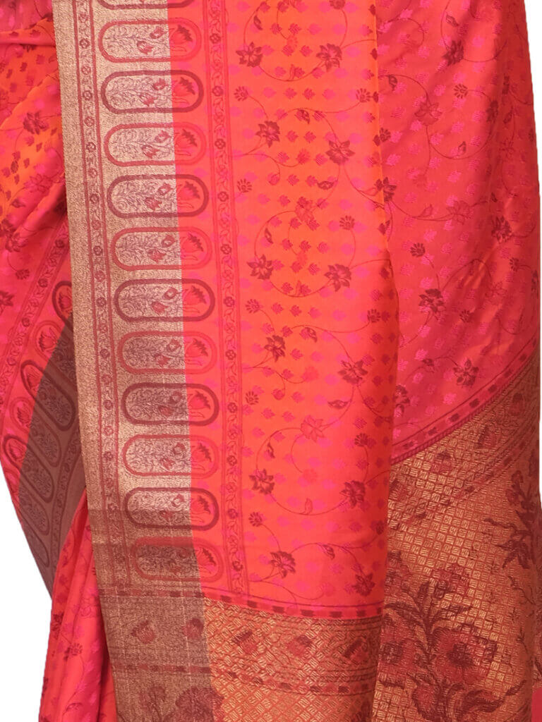 Peach Gold Toned Motifs Zari Banarsee Party Wear Semi Silk Saree - Close Up Pose
