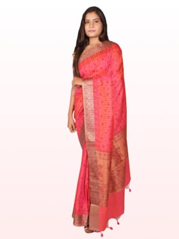 Peach Gold Toned Motifs Zari Banarsee Party Wear Semi Silk Saree - Front Pose Edited 1