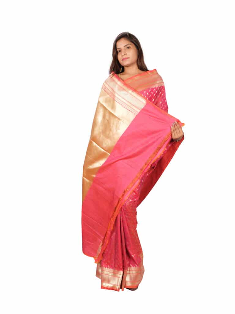 Peach Gold Wpven Design Banarsee Party Wear Semi Silk Saree - Anchal Pose