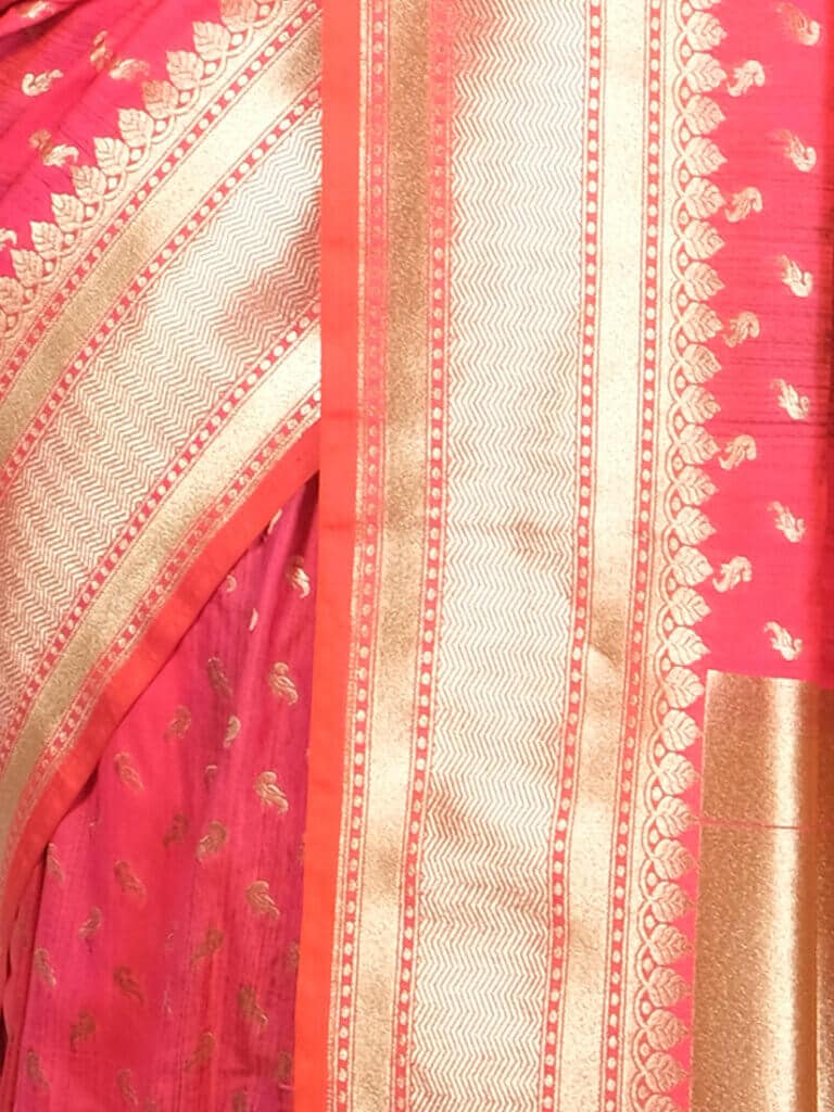 Peach Gold Wpven Design Banarsee Party Wear Semi Silk Saree - Close Up Pose
