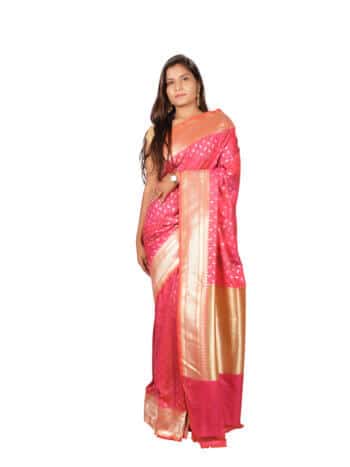 Peach Gold Wpven Design Banarsee Party Wear Semi Silk Saree - Front Pose