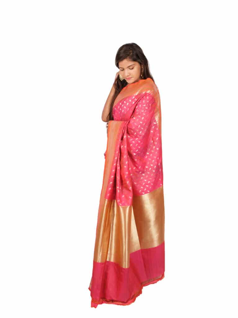 Peach Gold Wpven Design Banarsee Party Wear Semi Silk Saree - Side Pose