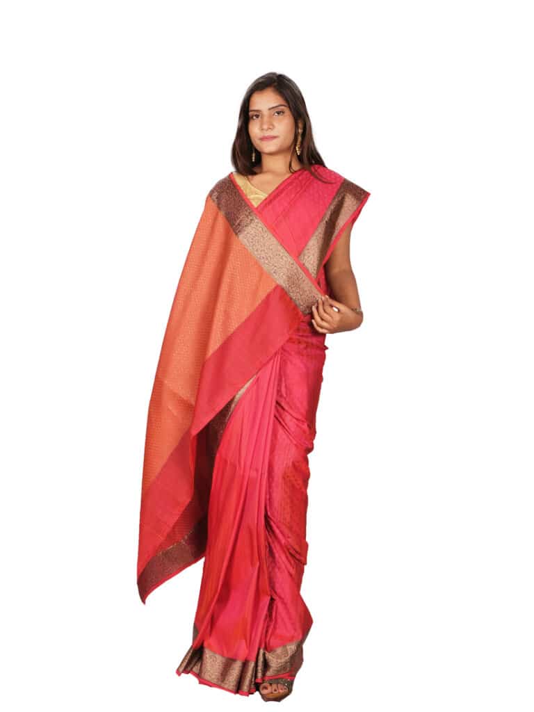 Peach Golden Toned Banarsee Party Wear Semi Silk Saree - Anchal Pose