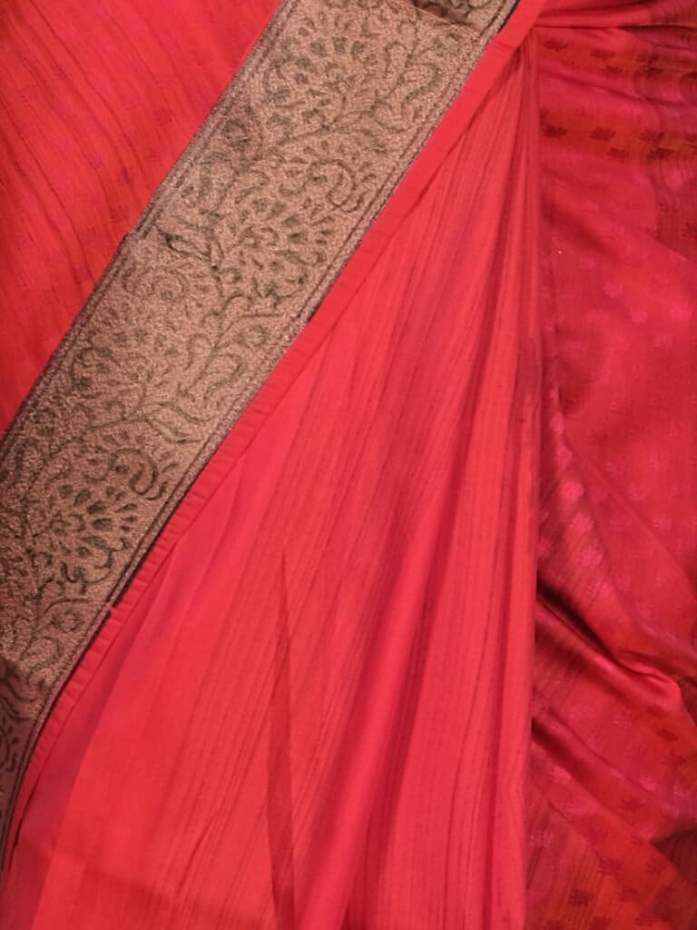 Peach Golden Toned Banarsee Party Wear Semi Silk Saree - Close Up Pose