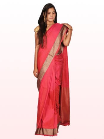 Peach Golden Toned Banarsee Party Wear Semi Silk Saree - Front Pose Edited