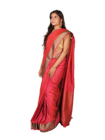 Peach Golden Toned Banarsee Party Wear Semi Silk Saree - Side Pose