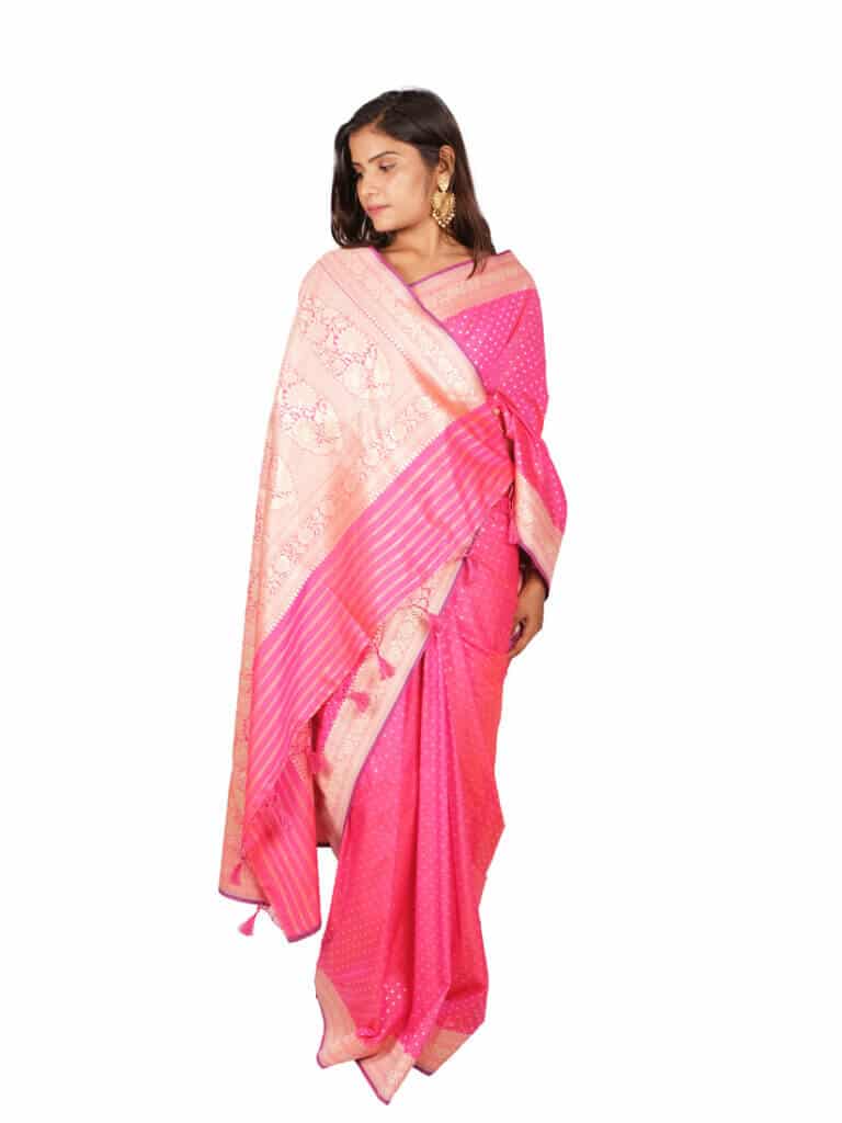 Pink Gold Motifs Zari Banarsee Party Wear Semi Silk Saree - Anchal Pose 1