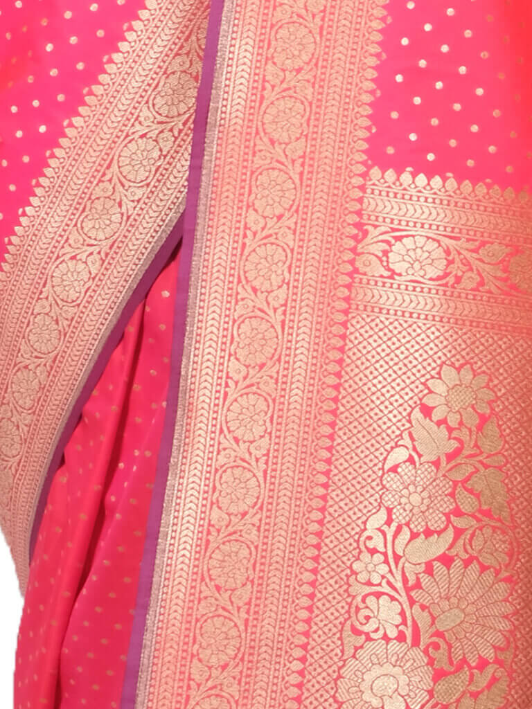 Pink Gold Motifs Zari Banarsee Party Wear Semi Silk Saree - Close Up Pose