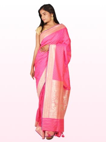 Pink Gold Motifs Zari Banarsee Party Wear Semi Silk Saree - Front Pose Edited